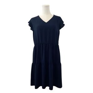 Women's Large Navy Blue Floral Cap Sleeve Flowy Tiered Casual Nautical Dress